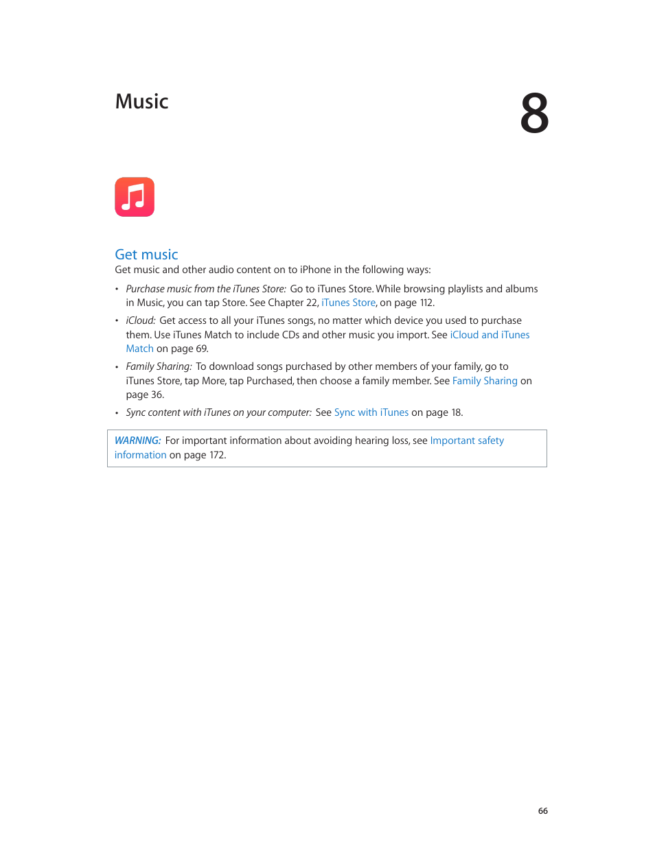 Chapter 8: music, Get music, Music | Apple iPhone iOS 8.1 User Manual | Page 66 / 184