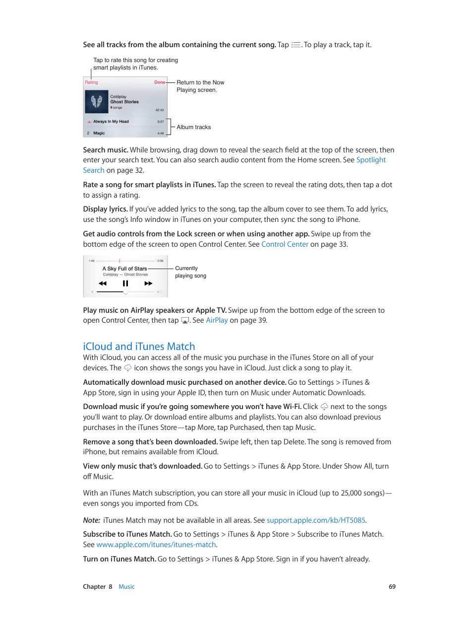 Icloud and itunes match, Icloud and itunes, Match | Apple iPhone iOS 8.1 User Manual | Page 69 / 184