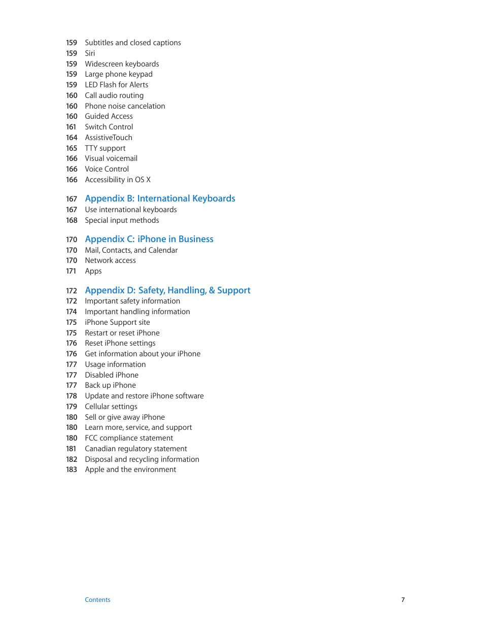 Appendix b: international keyboards, Appendix c: iphone in business, Appendix d: safety, handling, & support | Apple iPhone iOS 8.1 User Manual | Page 7 / 184