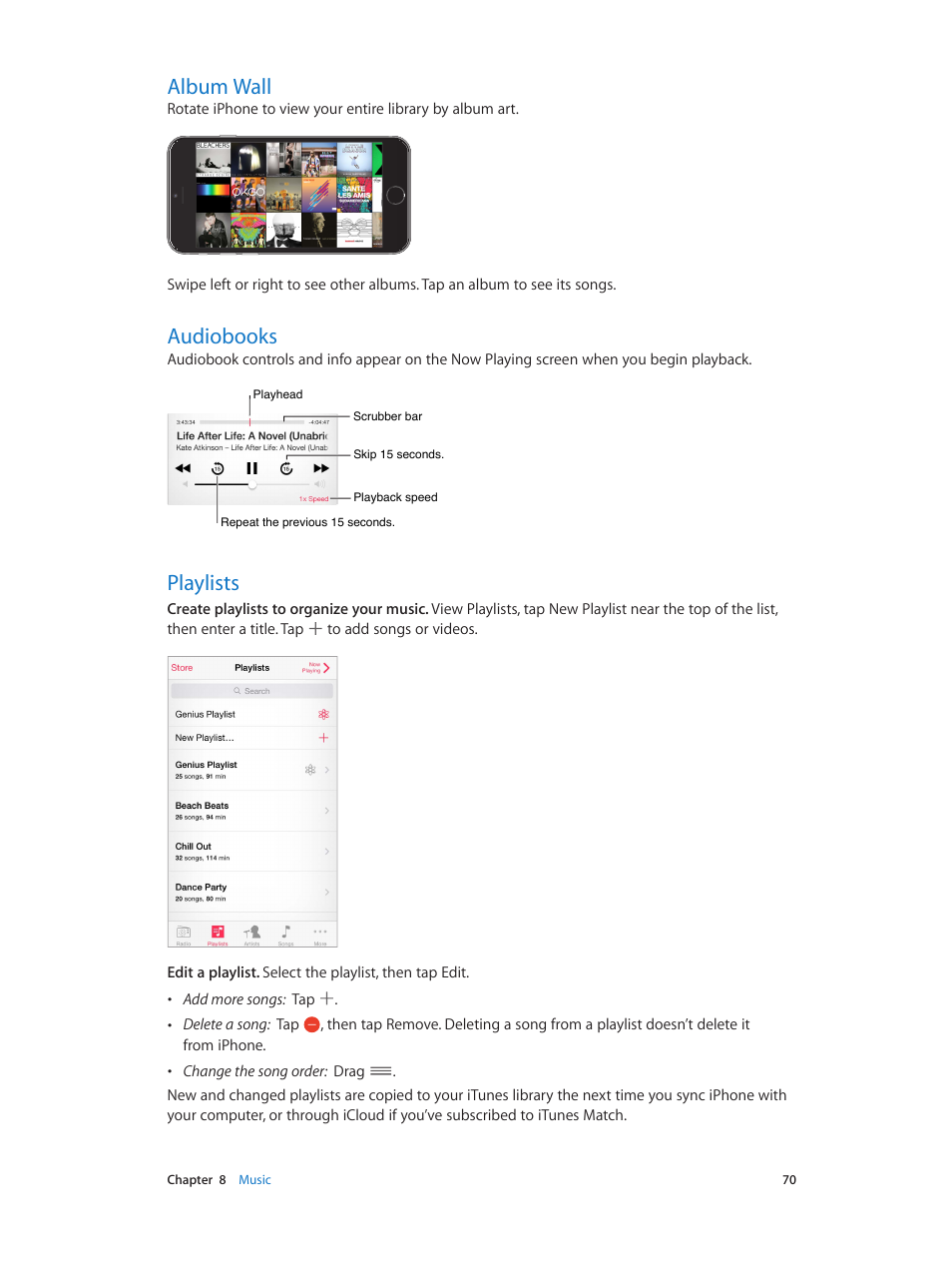 Album wall, Audiobooks, Playlists | Apple iPhone iOS 8.1 User Manual | Page 70 / 184