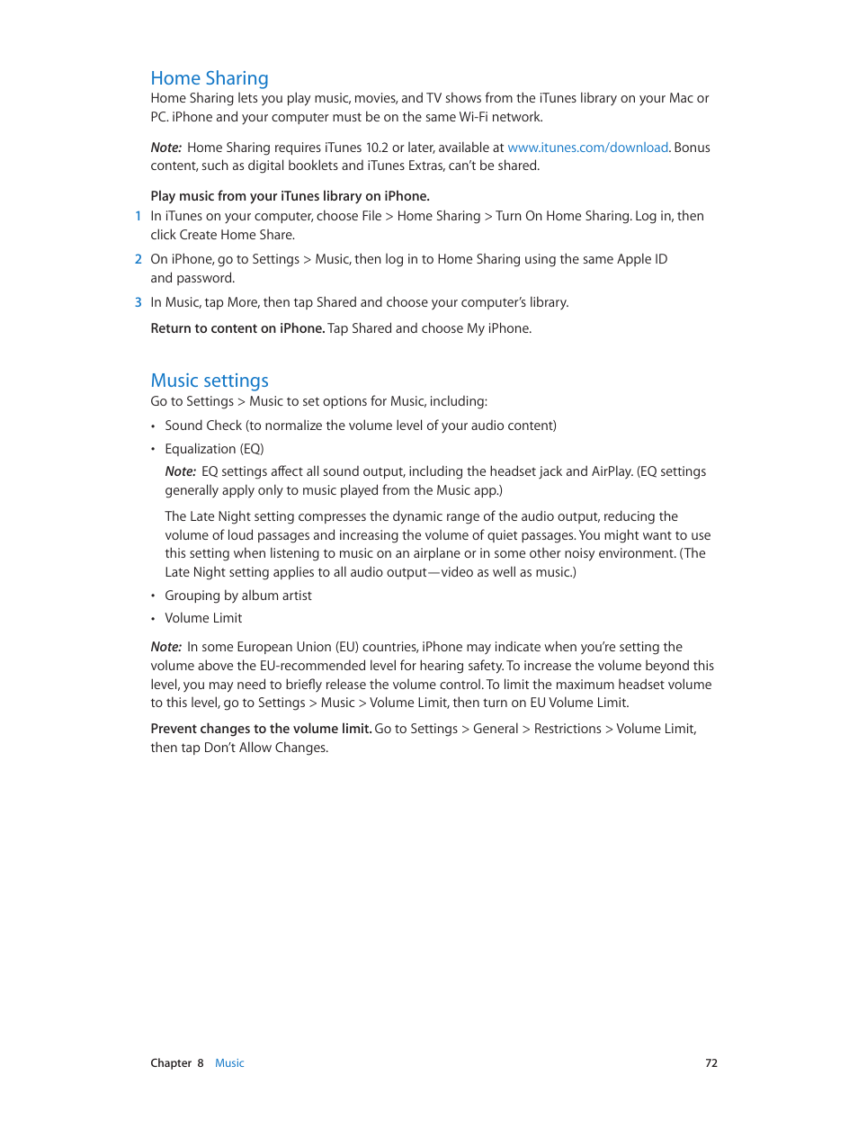 Home sharing, Music settings | Apple iPhone iOS 8.1 User Manual | Page 72 / 184