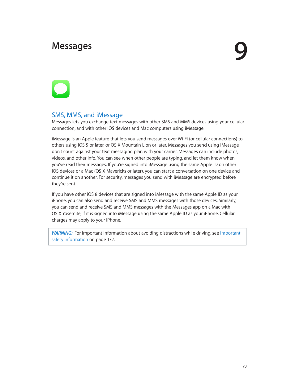 Chapter 9: messages, Sms, mms, and imessage, Messages | Apple iPhone iOS 8.1 User Manual | Page 73 / 184