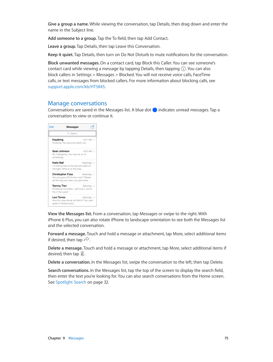 Manage conversations | Apple iPhone iOS 8.1 User Manual | Page 75 / 184