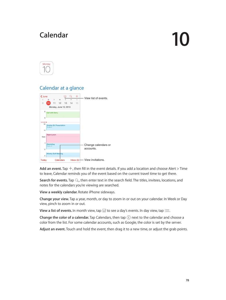 Chapter 10: calendar, Calendar at a glance, Calendar | Apple iPhone iOS 8.1 User Manual | Page 78 / 184