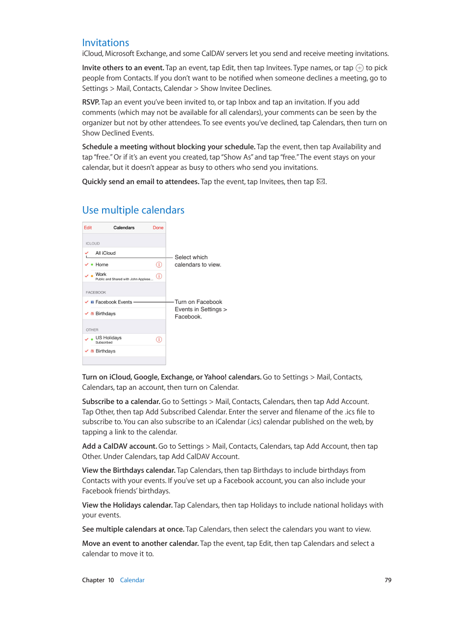 Invitations, Use multiple calendars | Apple iPhone iOS 8.1 User Manual | Page 79 / 184