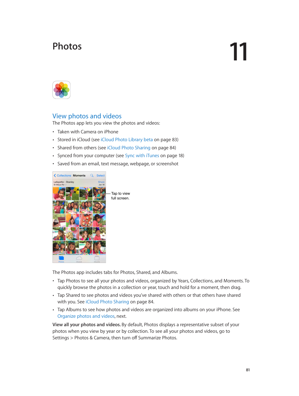 Chapter 11: photos, View photos and videos, Photos | Apple iPhone iOS 8.1 User Manual | Page 81 / 184