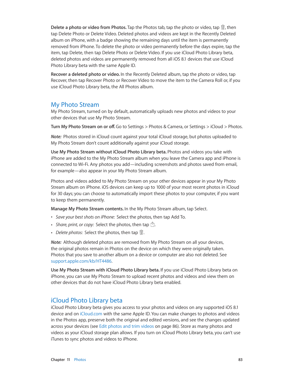 My photo stream, Icloud photo library beta, Loud (see | E (see | Apple iPhone iOS 8.1 User Manual | Page 83 / 184
