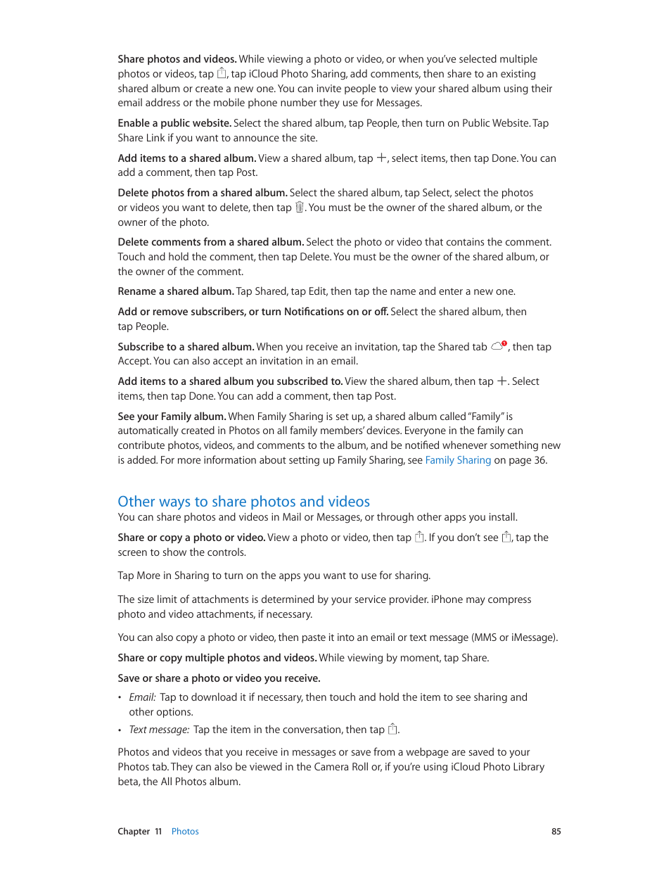 Other ways to share photos and videos | Apple iPhone iOS 8.1 User Manual | Page 85 / 184