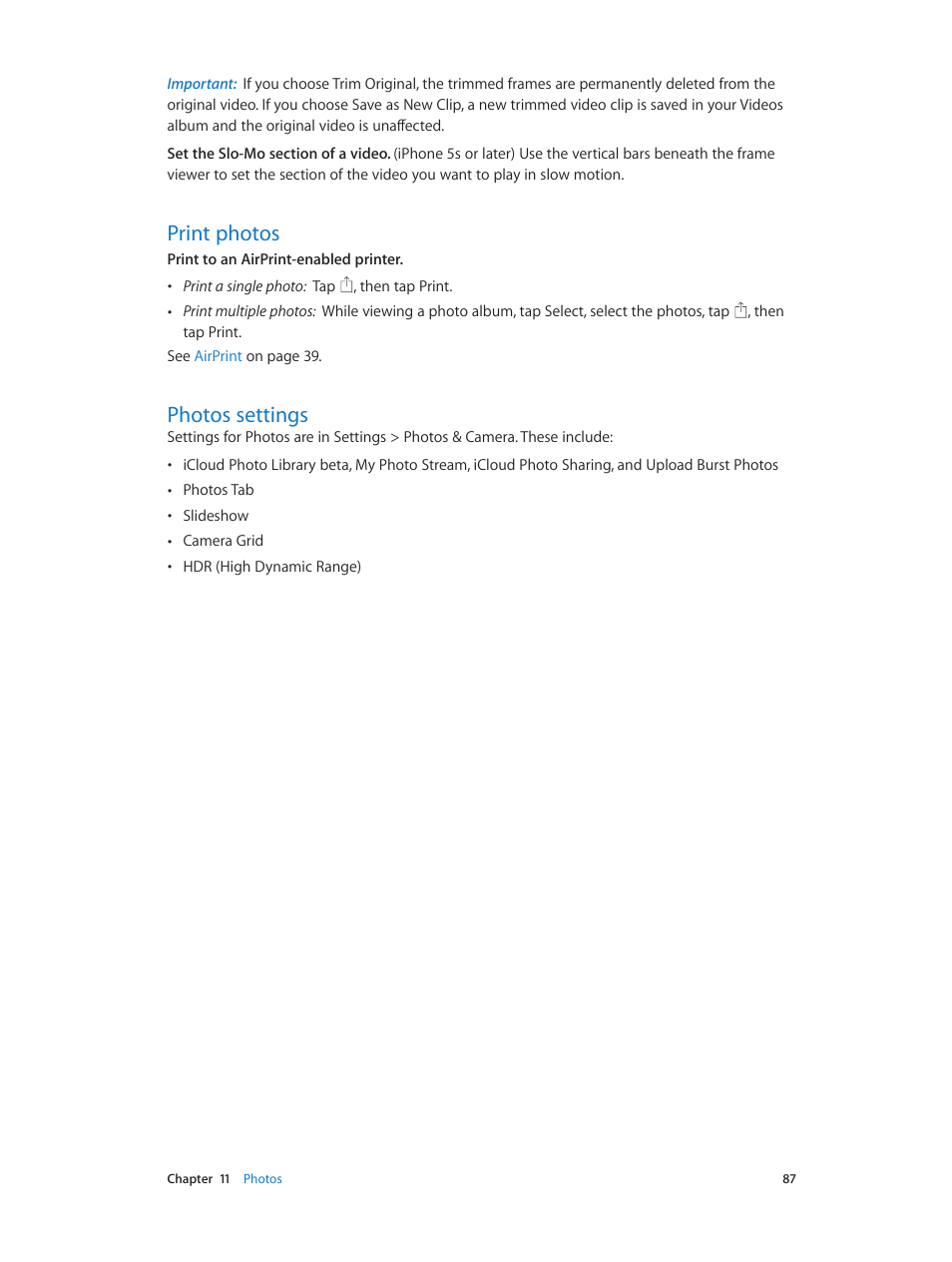 Print photos, Photos settings | Apple iPhone iOS 8.1 User Manual | Page 87 / 184