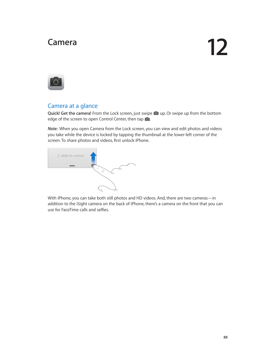 Chapter 12: camera, Camera at a glance, Camera | Apple iPhone iOS 8.1 User Manual | Page 88 / 184