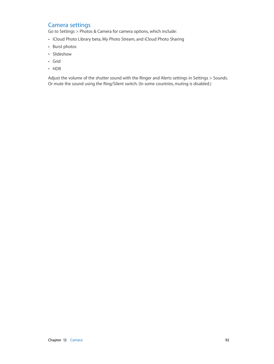 Camera settings | Apple iPhone iOS 8.1 User Manual | Page 92 / 184