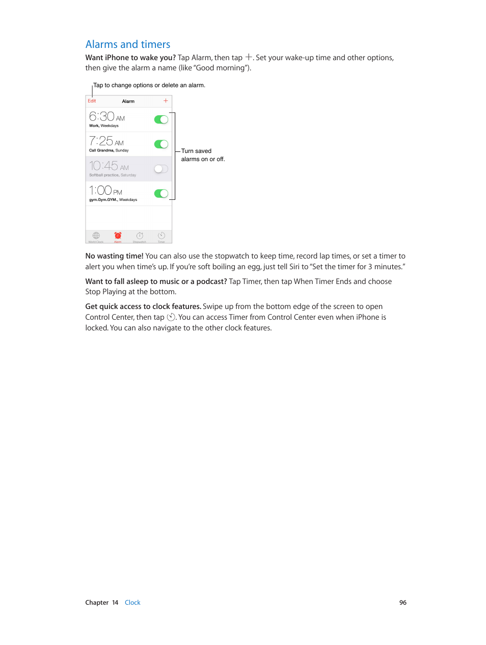 Alarms and timers | Apple iPhone iOS 8.1 User Manual | Page 96 / 184