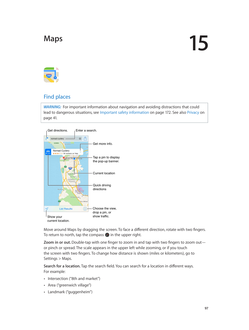 Chapter 15: maps, Find places, Maps | Apple iPhone iOS 8.1 User Manual | Page 97 / 184