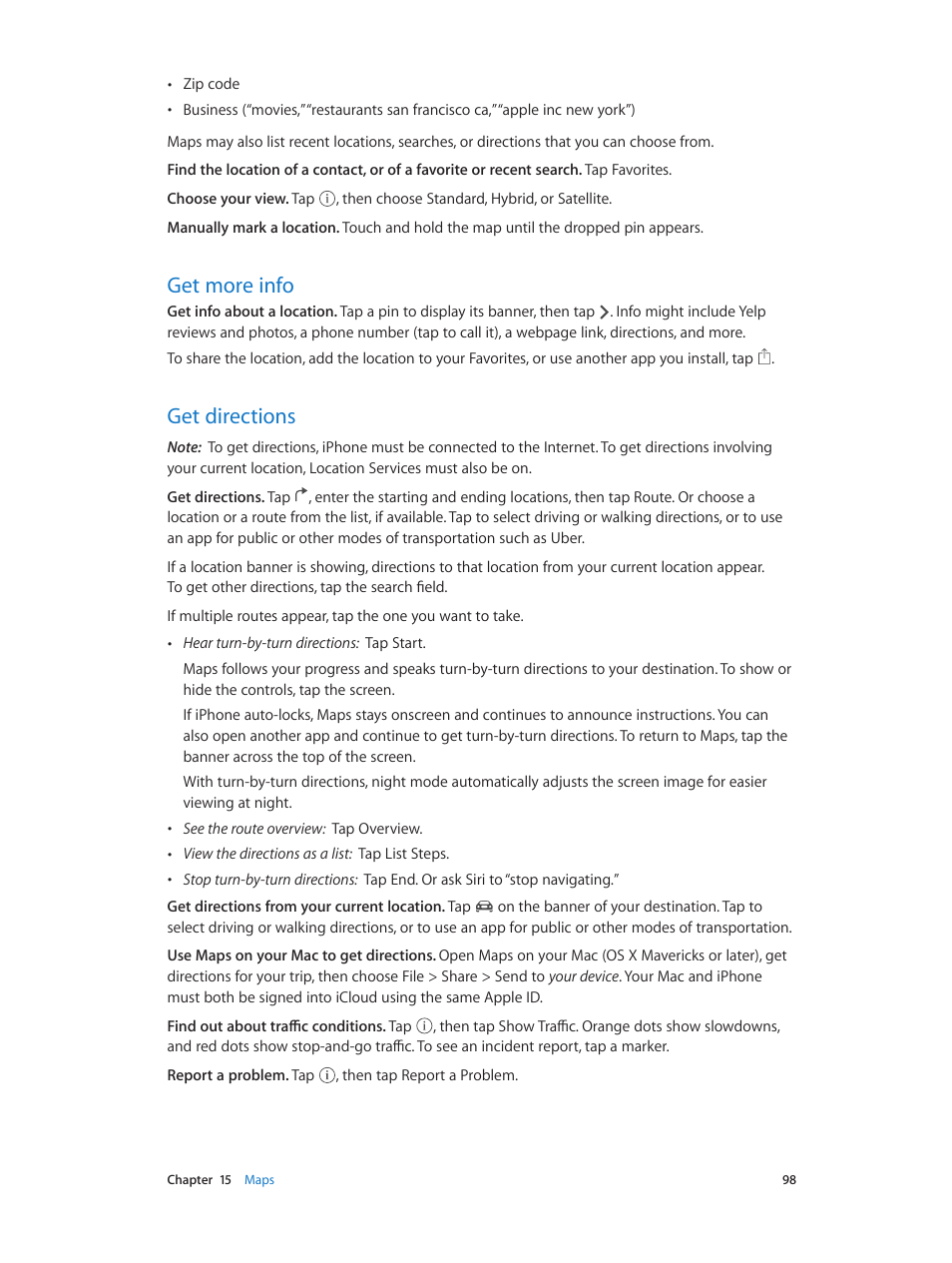 Get more info, Get directions | Apple iPhone iOS 8.1 User Manual | Page 98 / 184