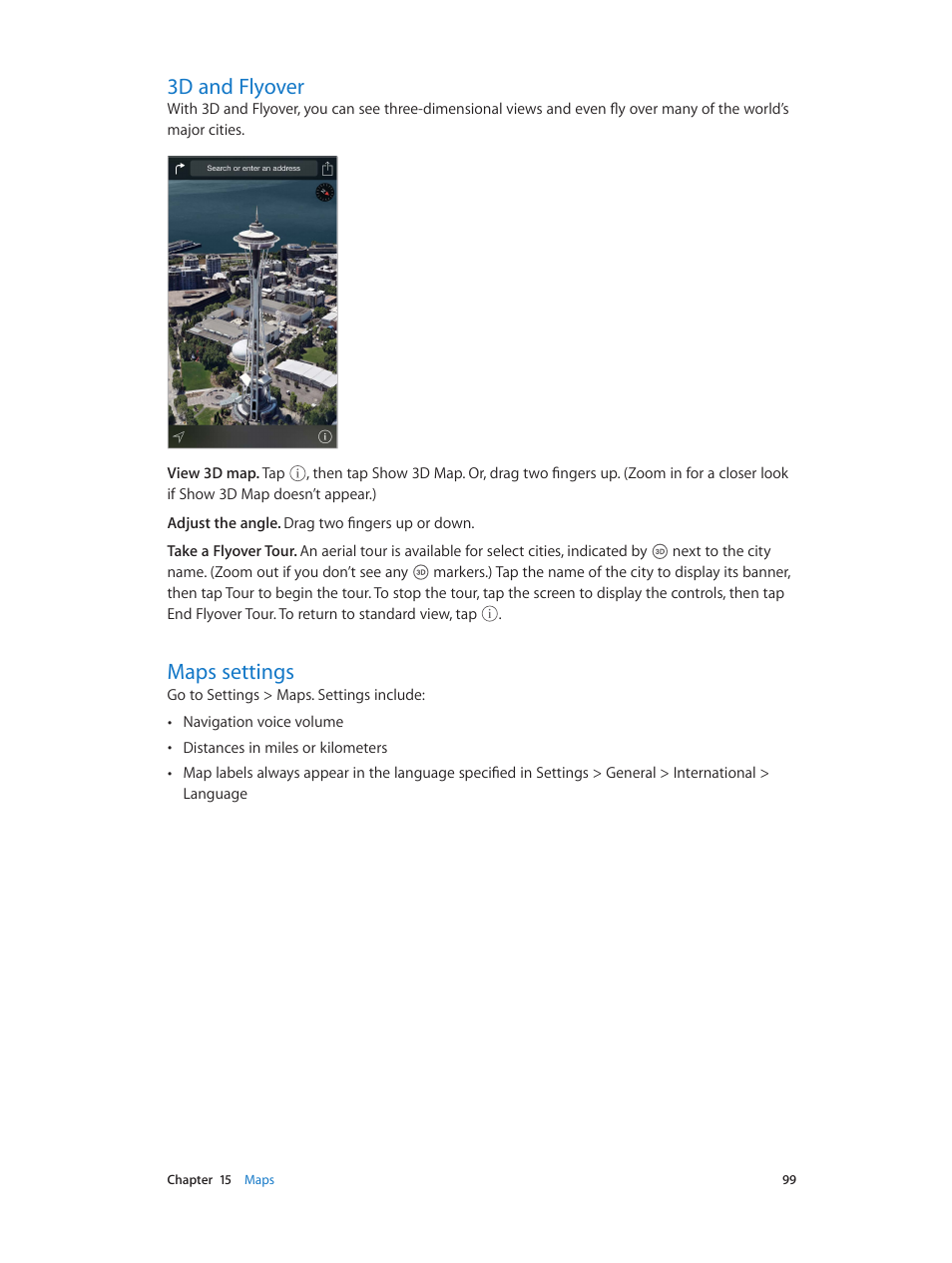 3d and flyover, Maps settings | Apple iPhone iOS 8.1 User Manual | Page 99 / 184