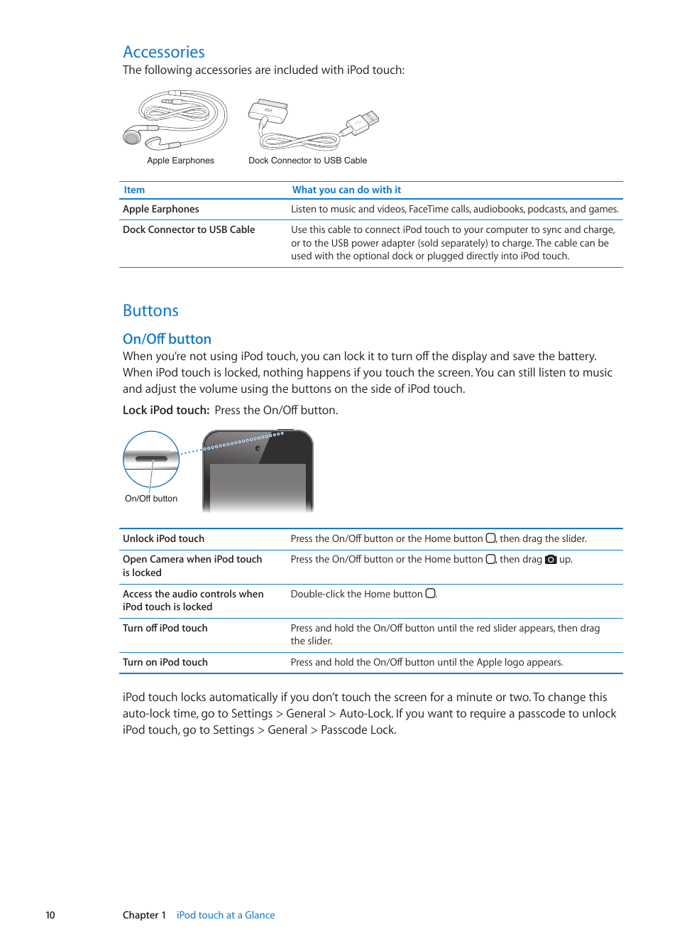Accessories, Buttons, On/off button | Apple iPod touch iOS 5.1 User Manual | Page 10 / 141