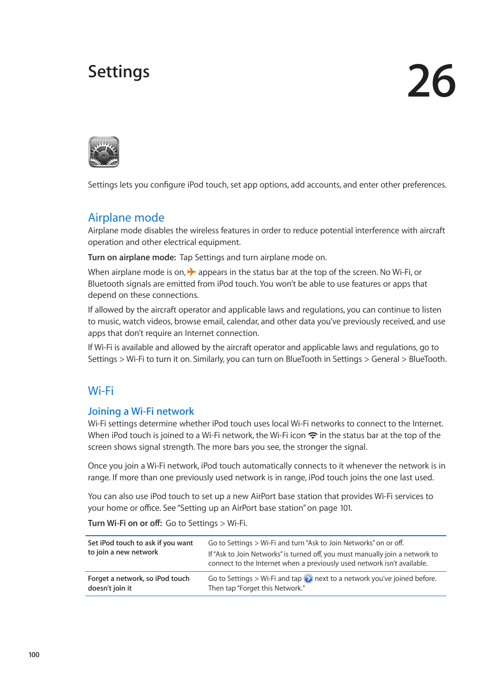 Chapter 26: settings, Airplane mode, Wi-fi | 100 airplane mode 100 wi-fi, Settings | Apple iPod touch iOS 5.1 User Manual | Page 100 / 141