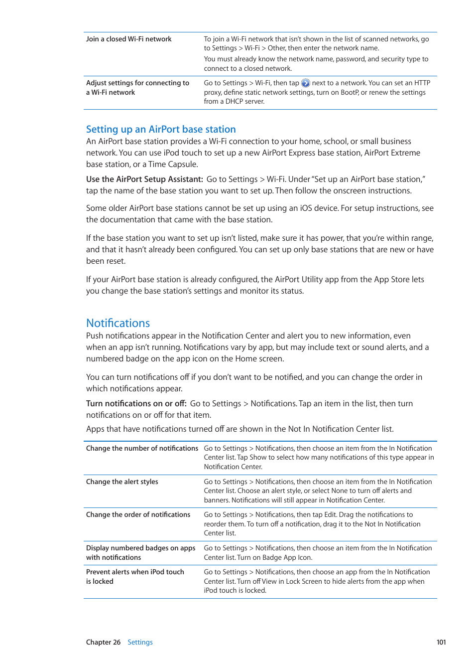 Notifications, 101 notifications, Setting up an airport base station | Apple iPod touch iOS 5.1 User Manual | Page 101 / 141