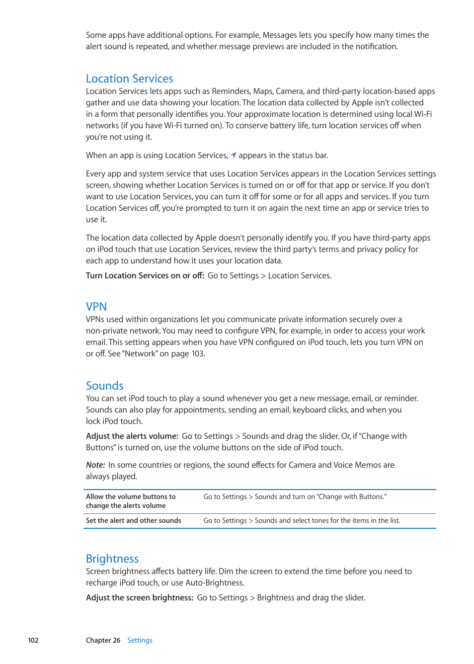 Location services, Sounds, Brightness | Apple iPod touch iOS 5.1 User Manual | Page 102 / 141