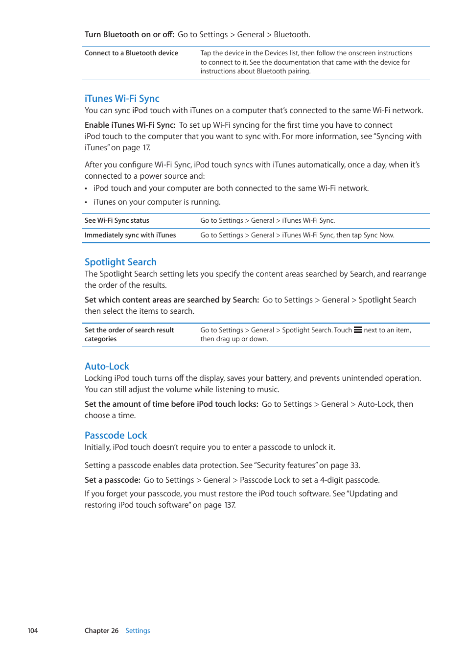 Passcode lock, Itunes wi-fi sync, Spotlight search | Auto-lock | Apple iPod touch iOS 5.1 User Manual | Page 104 / 141