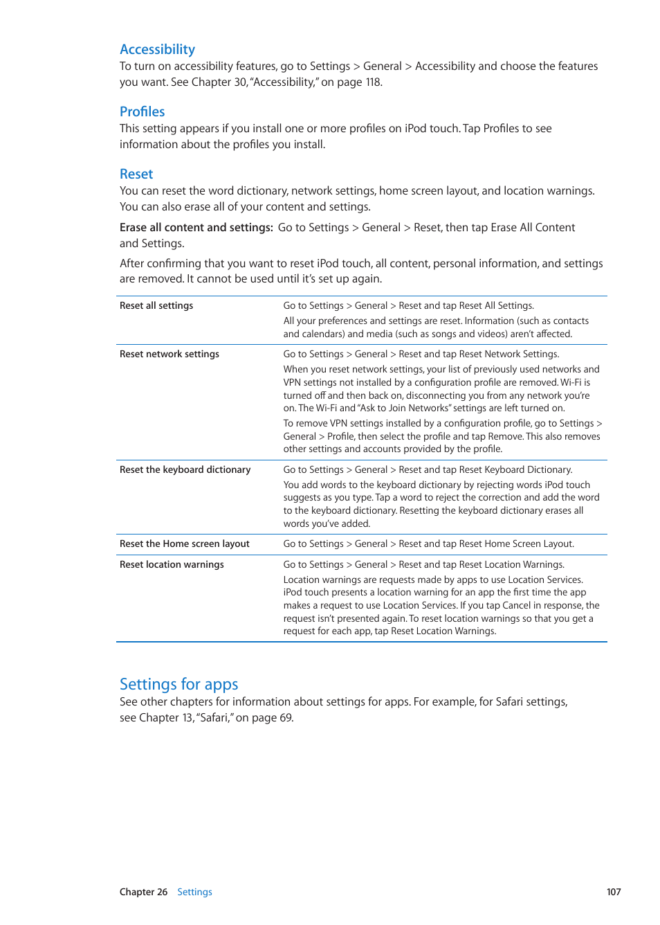 Settings for apps, 107 settings for apps, Accessibility | Profiles, Reset | Apple iPod touch iOS 5.1 User Manual | Page 107 / 141