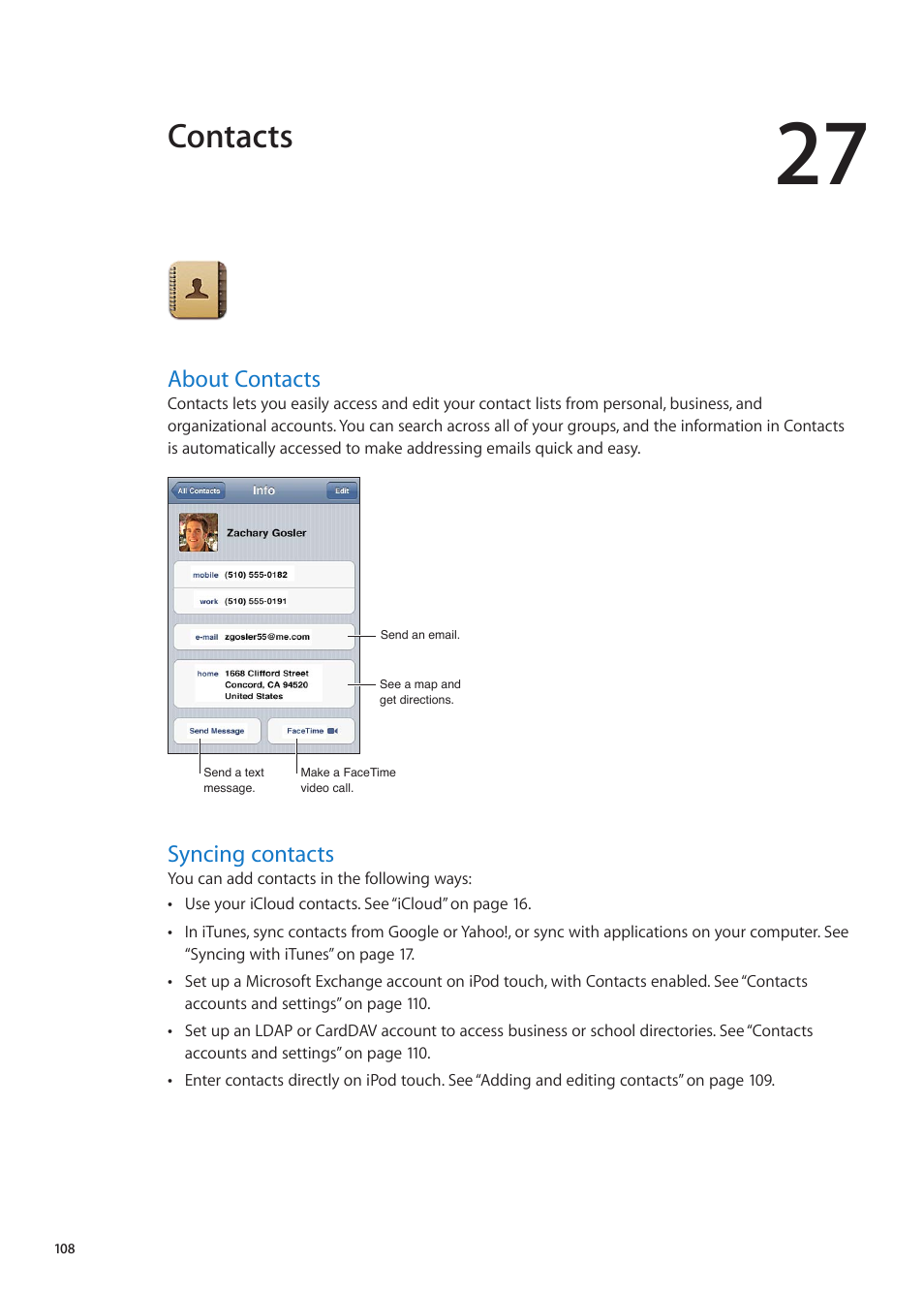 Chapter 27: contacts, About contacts, Syncing contacts | 108 about contacts 108 syncing contacts, Contacts | Apple iPod touch iOS 5.1 User Manual | Page 108 / 141