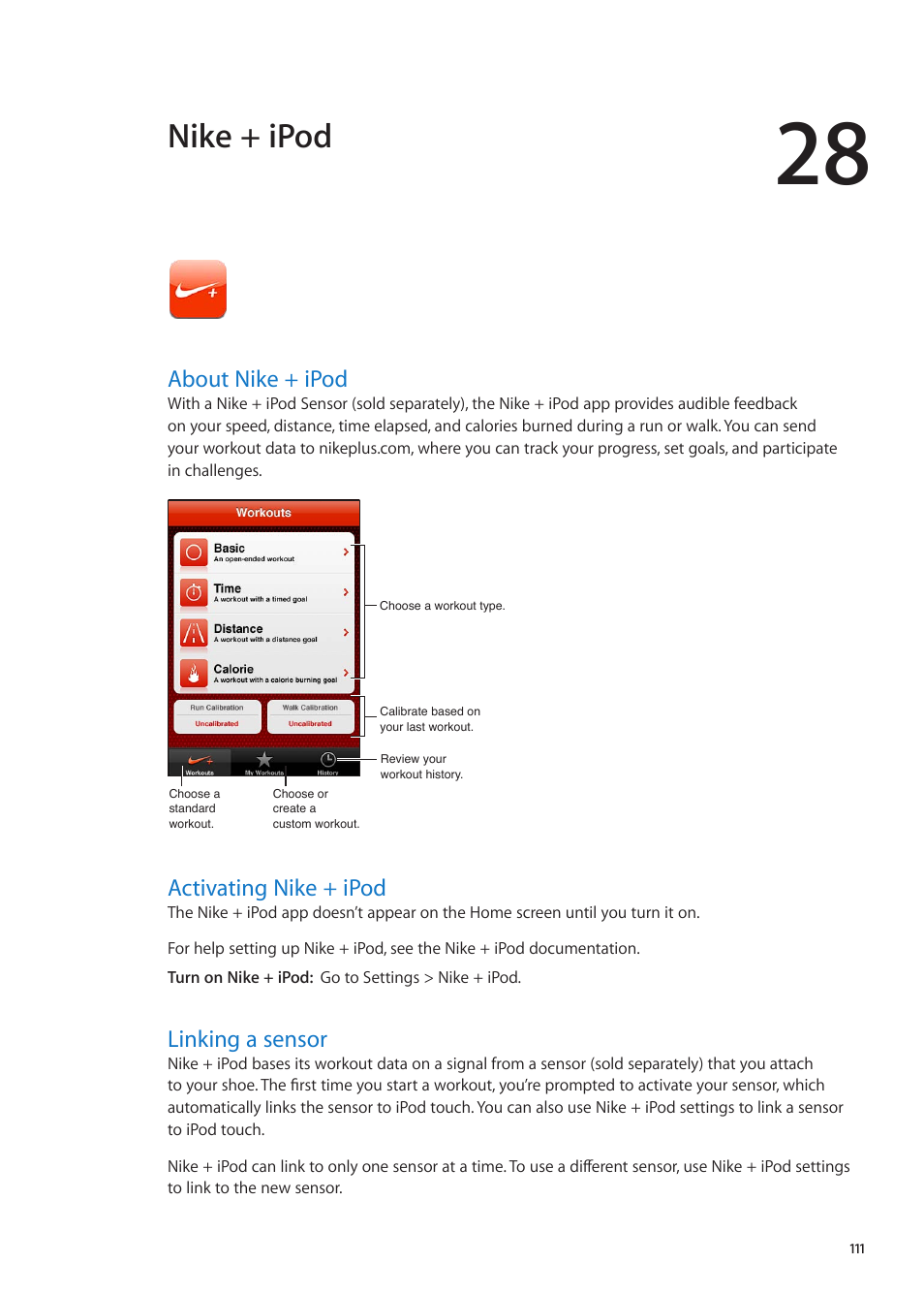Chapter 28: nike + ipod, About nike + ipod, Activating nike + ipod | Linking a sensor, Nike + ipod | Apple iPod touch iOS 5.1 User Manual | Page 111 / 141