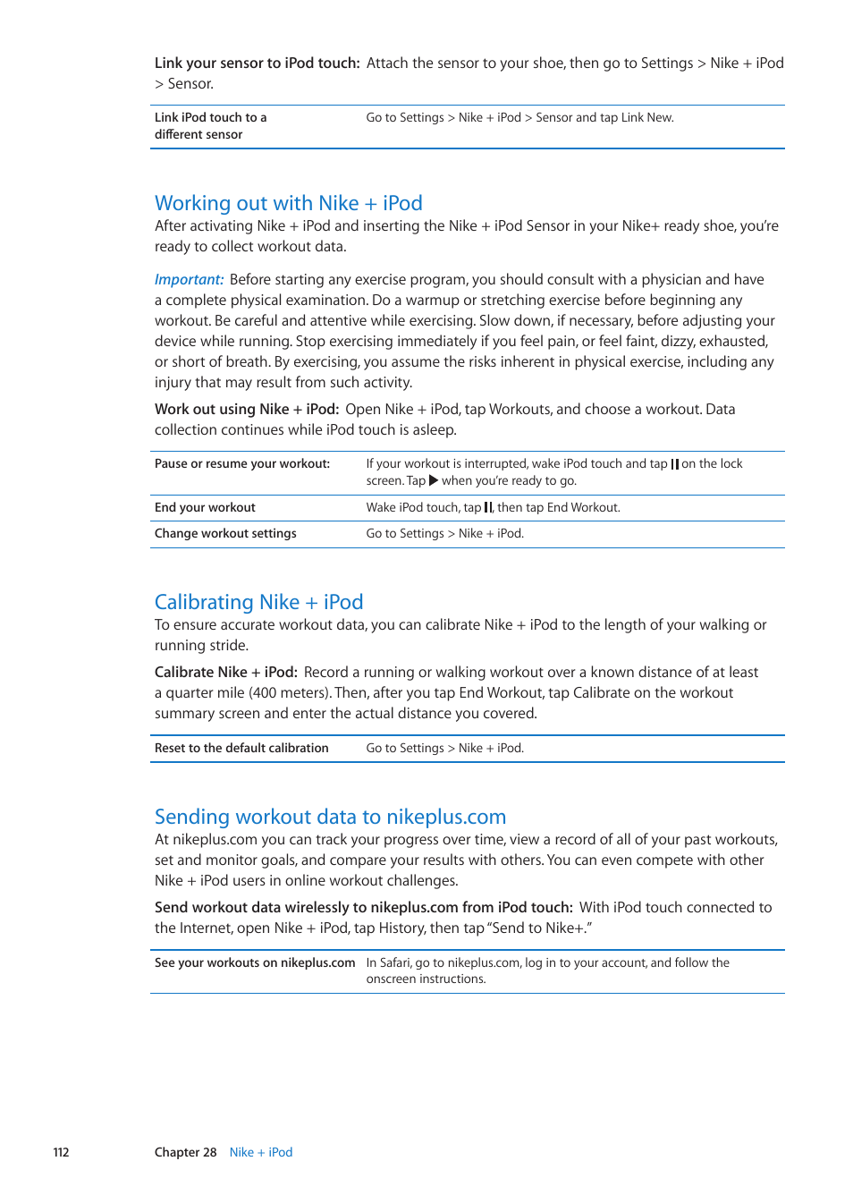 Working out with nike + ipod, Calibrating nike + ipod, Sending workout data to nikeplus.com | Apple iPod touch iOS 5.1 User Manual | Page 112 / 141