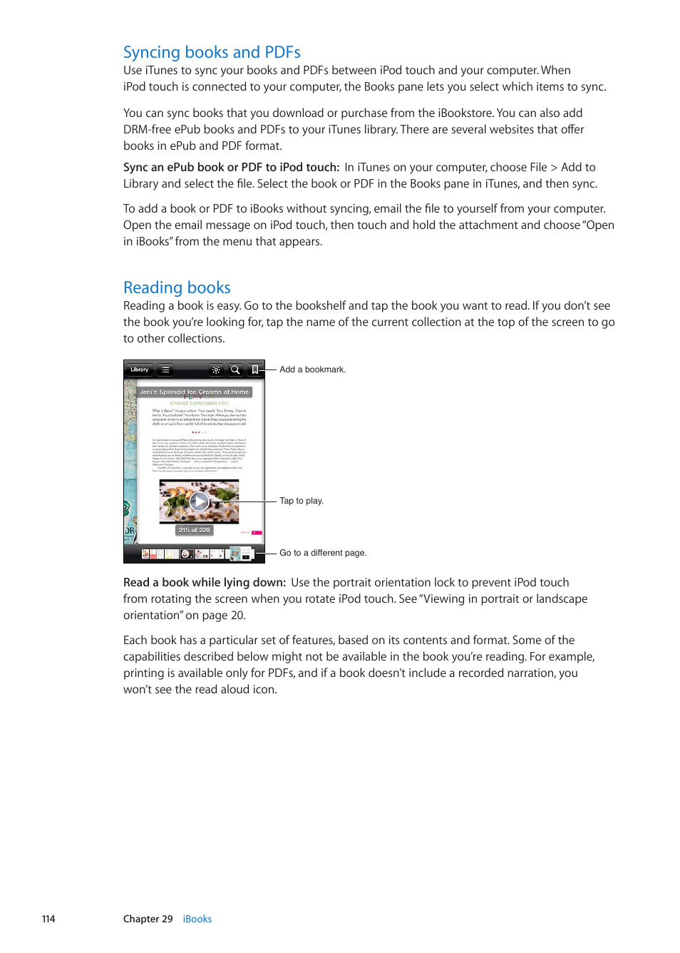 Syncing books and pdfs, Reading books, 114 syncing books and pdfs 114 reading books | Apple iPod touch iOS 5.1 User Manual | Page 114 / 141