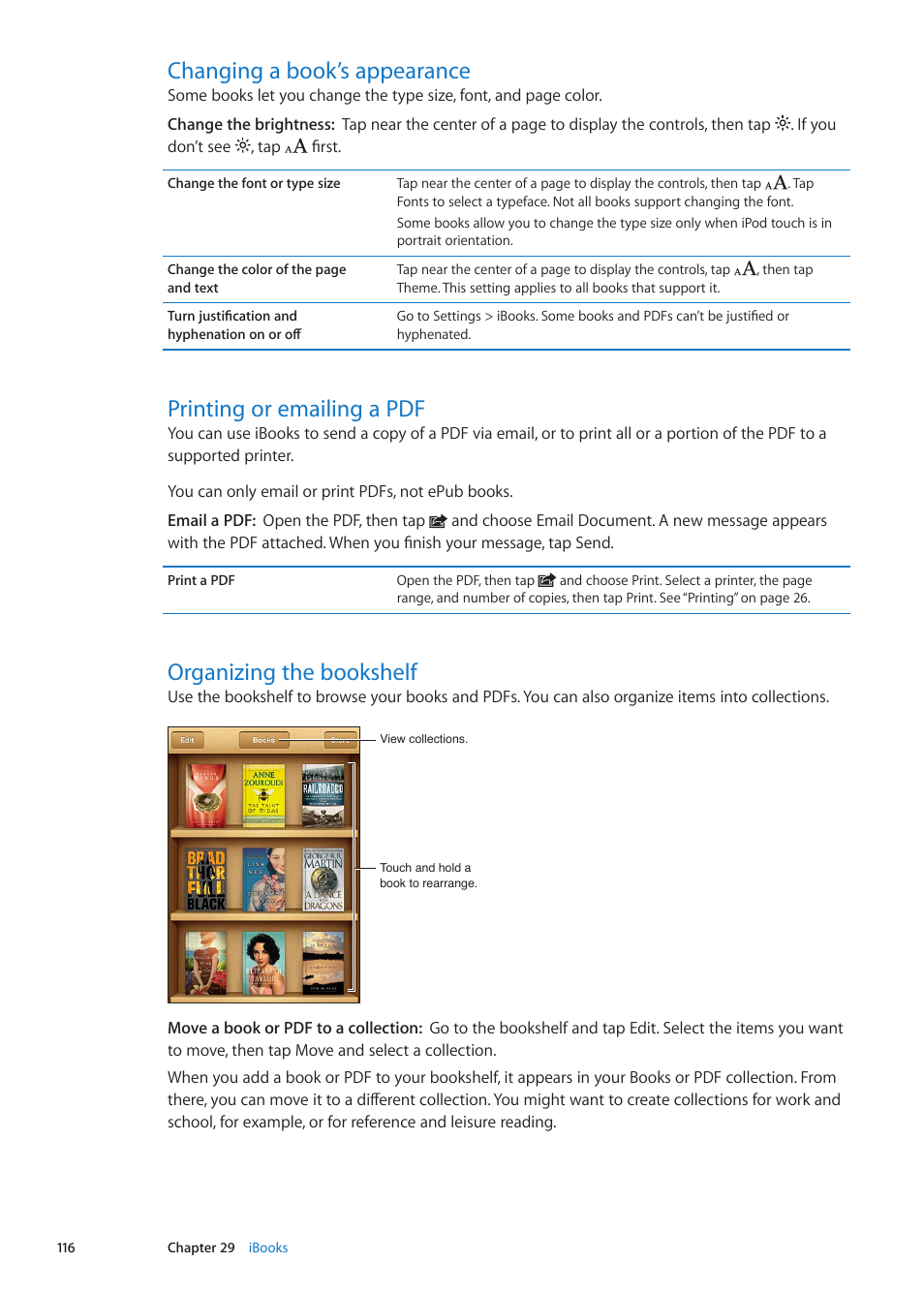 Changing a book’s appearance, Printing or emailing a pdf, Organizing the bookshelf | Apple iPod touch iOS 5.1 User Manual | Page 116 / 141