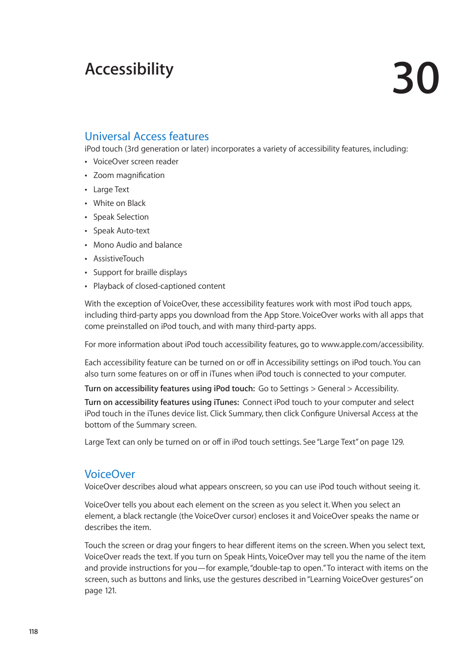 Chapter 30: accessibility, Universal access features, Voiceover | 118 universal access features 118 voiceover, Accessibility | Apple iPod touch iOS 5.1 User Manual | Page 118 / 141