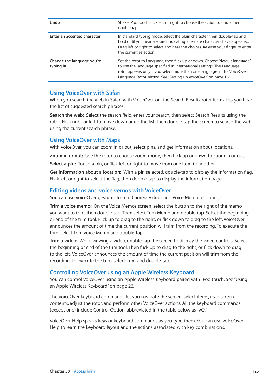 Using voiceover with safari, Using voiceover with maps, Editing videos and voice vemos with voiceover | Apple iPod touch iOS 5.1 User Manual | Page 125 / 141