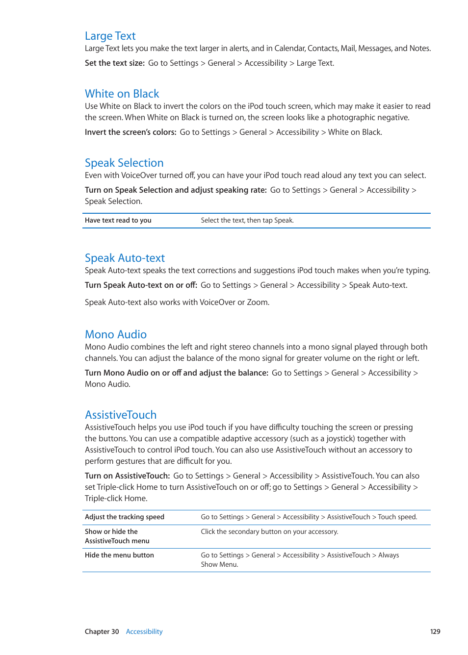 Large text, White on black, Speak selection | Speak auto-text, Mono audio, Assistivetouch, 129 mono audio 129 assistivetouch | Apple iPod touch iOS 5.1 User Manual | Page 129 / 141