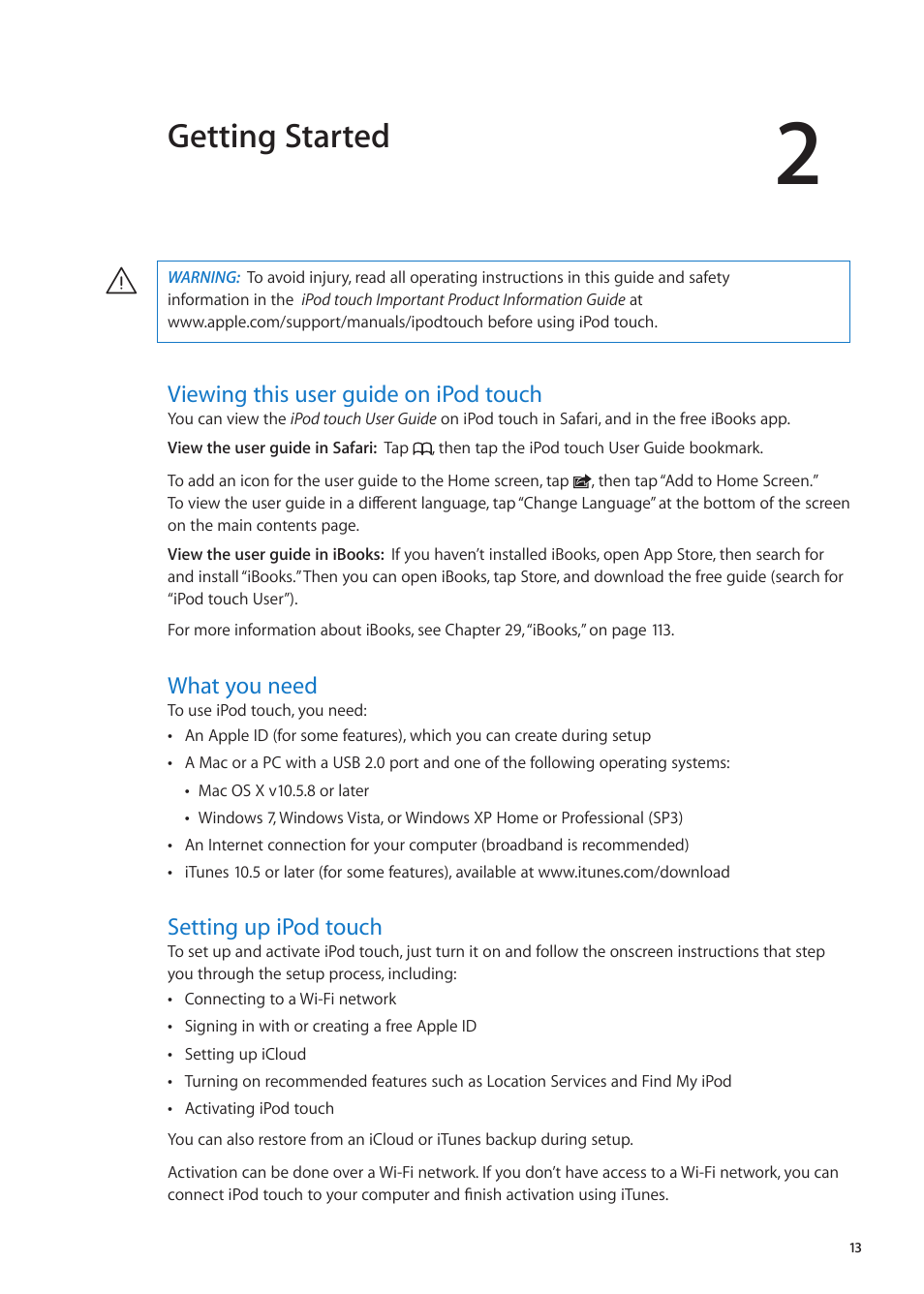 Chapter 2: getting started, Viewing this user guide on ipod touch, What you need | Setting up ipod touch, Getting started | Apple iPod touch iOS 5.1 User Manual | Page 13 / 141