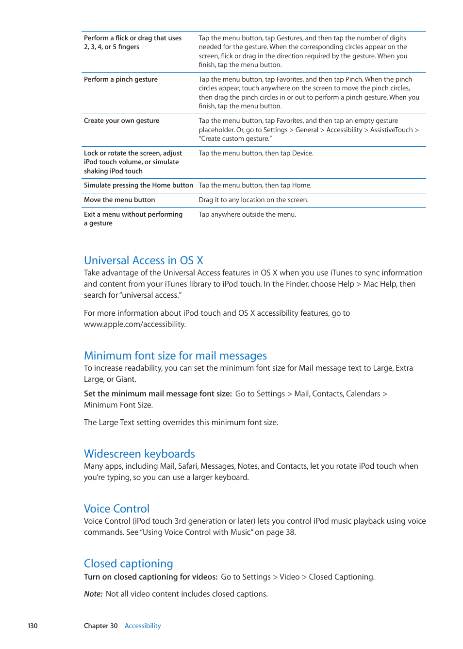 Universal access in os x, Minimum font size for mail messages, Widescreen keyboards | Voice control, Closed captioning | Apple iPod touch iOS 5.1 User Manual | Page 130 / 141