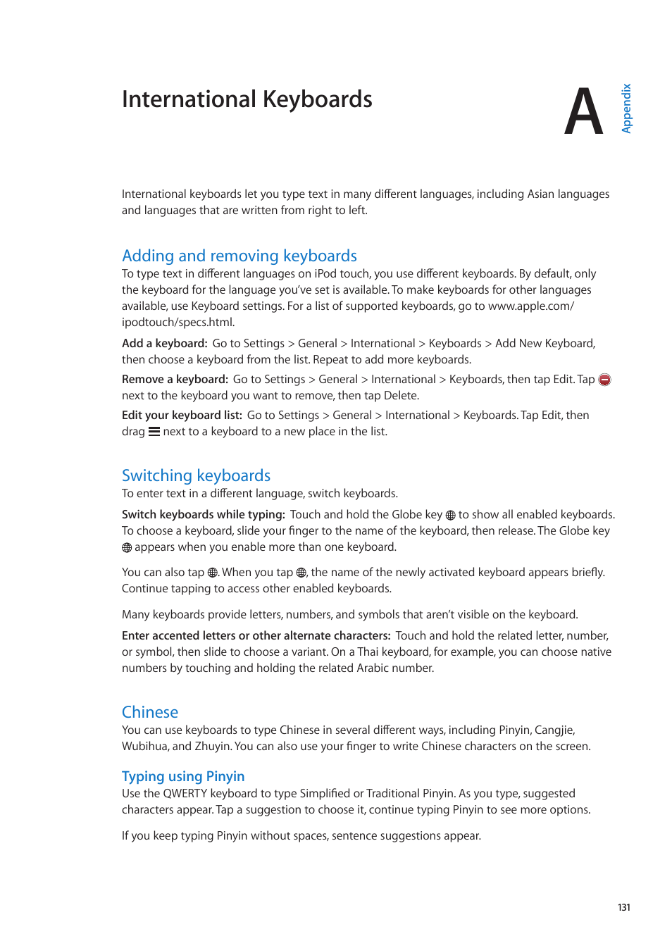 Appendix a: international keyboards, Adding and removing keyboards, Switching keyboards | Chinese, Appendix a : international keyboards, International keyboards | Apple iPod touch iOS 5.1 User Manual | Page 131 / 141