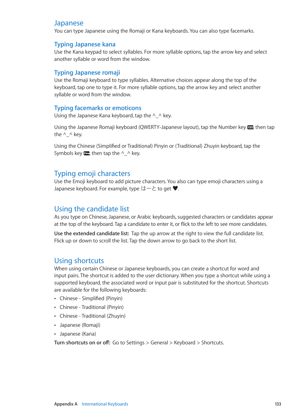 Japanese, Typing emoji characters, Using the candidate list | Using shortcuts | Apple iPod touch iOS 5.1 User Manual | Page 133 / 141