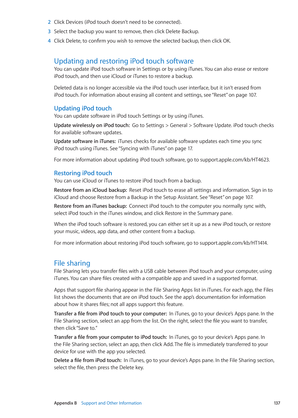 Updating and restoring ipod touch software, File sharing, Updating ipod touch | Apple iPod touch iOS 5.1 User Manual | Page 137 / 141