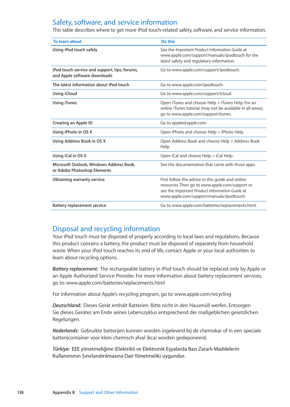 Safety, software, and service information, Disposal and recycling information | Apple iPod touch iOS 5.1 User Manual | Page 138 / 141