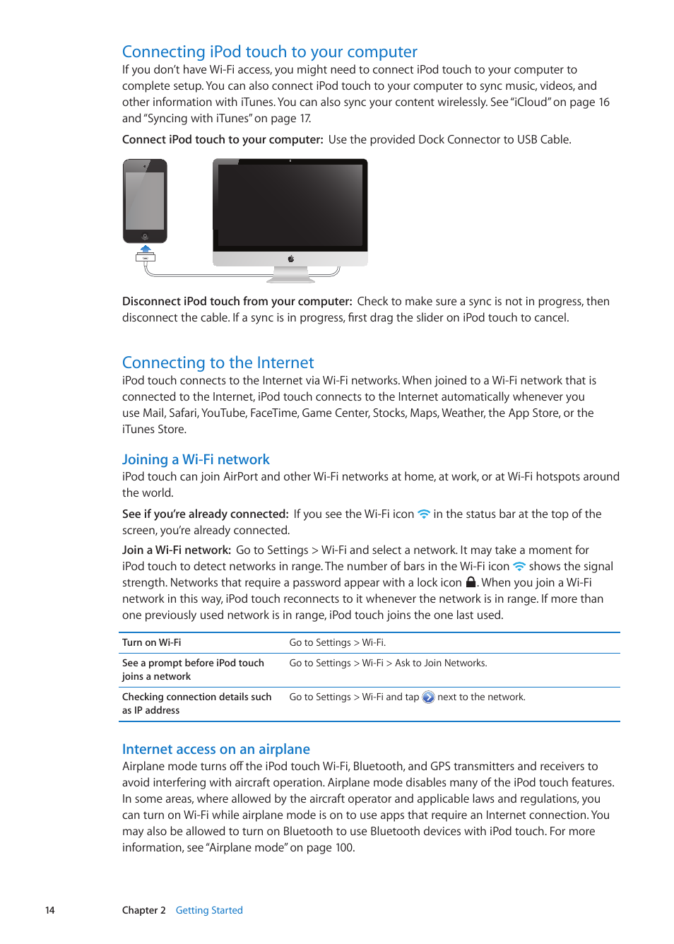 Connecting ipod touch to your computer, Connecting to the internet, Joining a wi-fi network | Internet access on an airplane | Apple iPod touch iOS 5.1 User Manual | Page 14 / 141