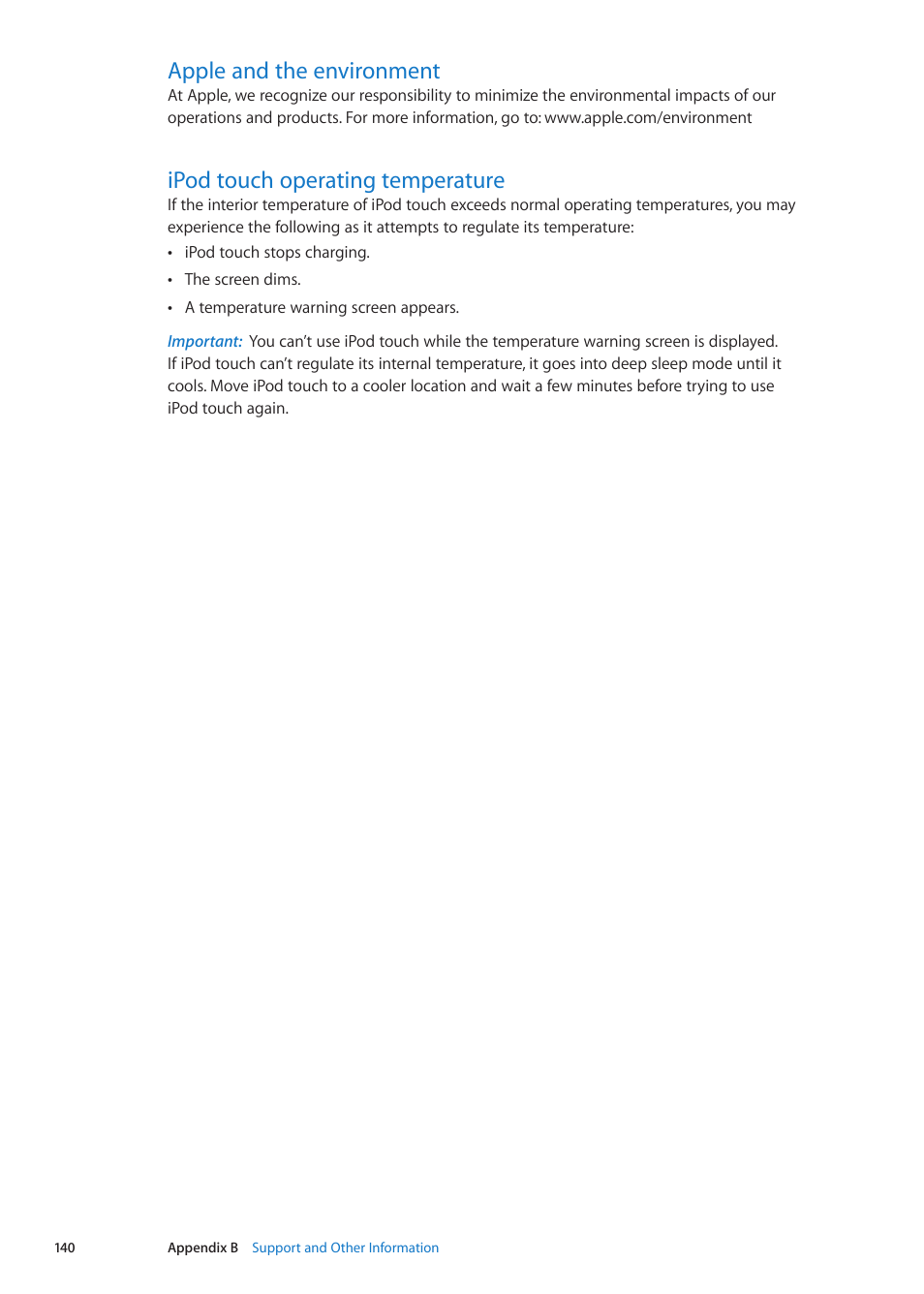 Apple and the environment, Ipod touch operating temperature | Apple iPod touch iOS 5.1 User Manual | Page 140 / 141