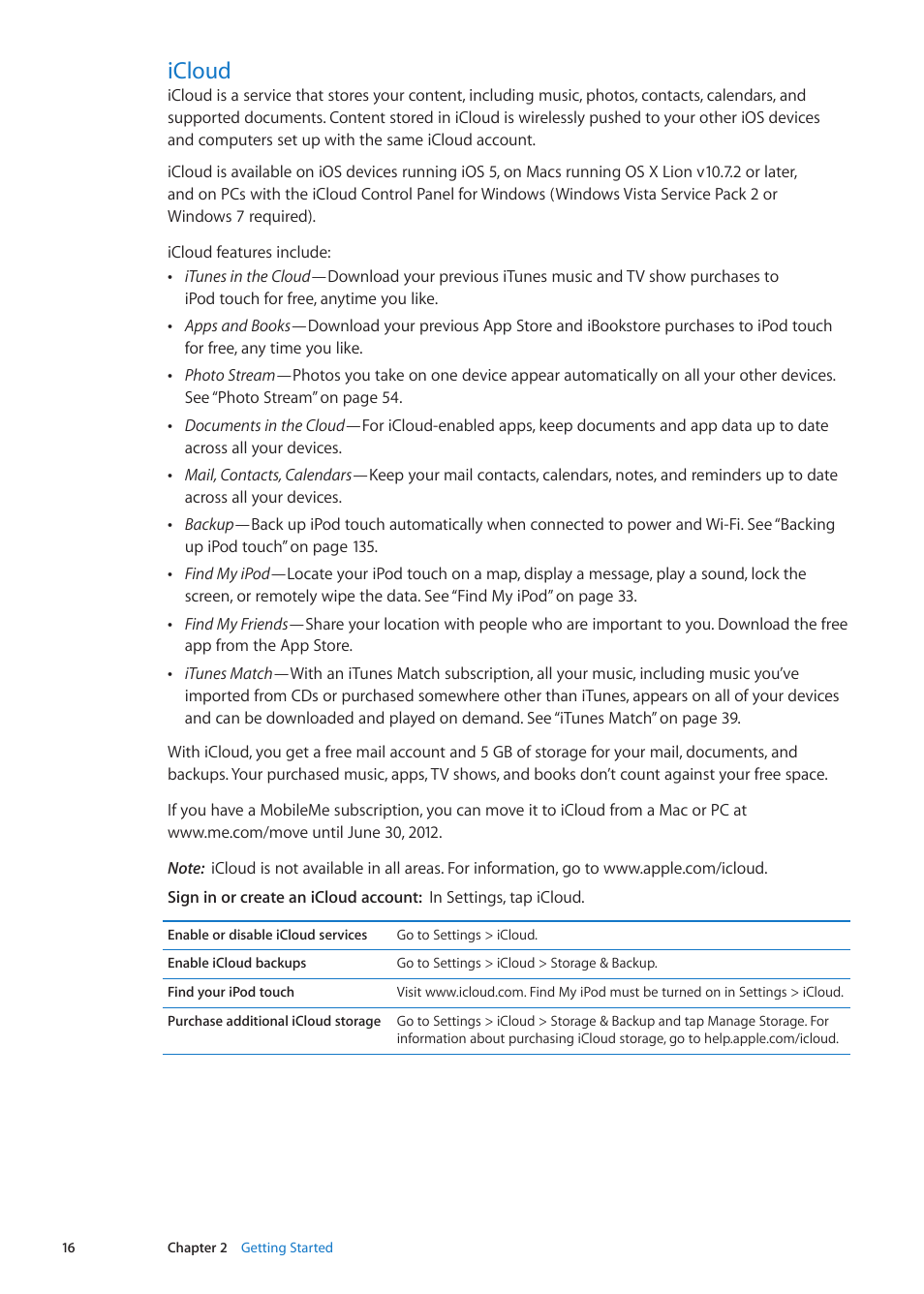 Icloud, 16 icloud | Apple iPod touch iOS 5.1 User Manual | Page 16 / 141