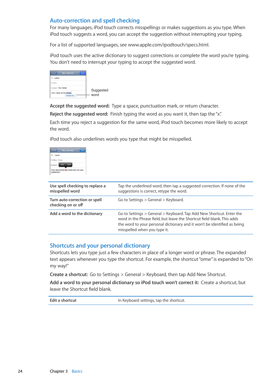 Auto-correction and spell checking, Shortcuts and your personal dictionary | Apple iPod touch iOS 5.1 User Manual | Page 24 / 141