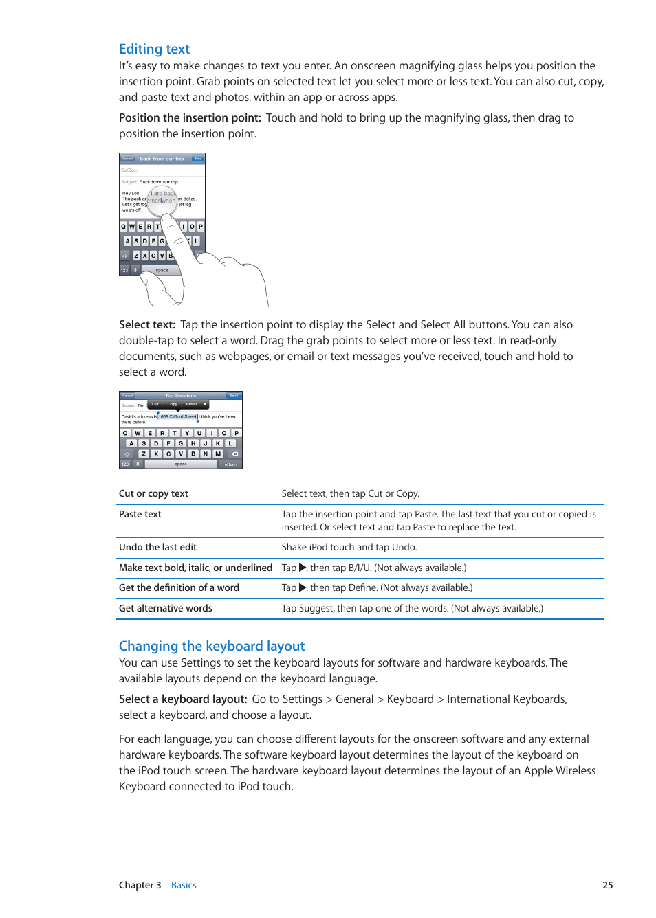 Editing text, Changing the keyboard layout | Apple iPod touch iOS 5.1 User Manual | Page 25 / 141