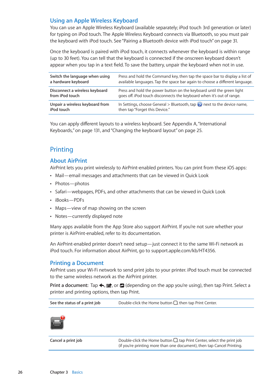 Printing, 26 printing, Using an apple wireless keyboard | About airprint, Printing a document | Apple iPod touch iOS 5.1 User Manual | Page 26 / 141