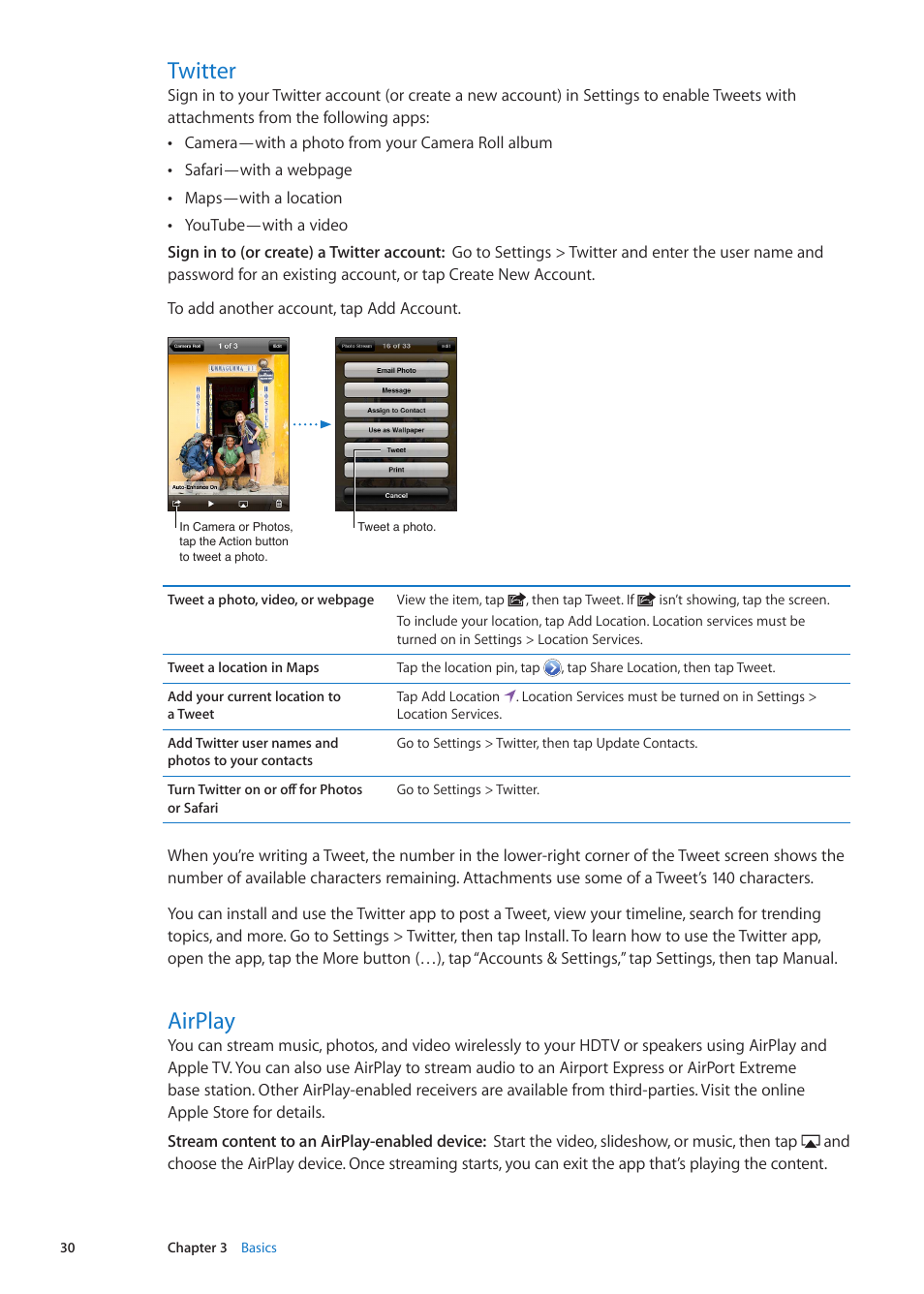 Twitter, Airplay, 30 twitter 30 airplay | Apple iPod touch iOS 5.1 User Manual | Page 30 / 141