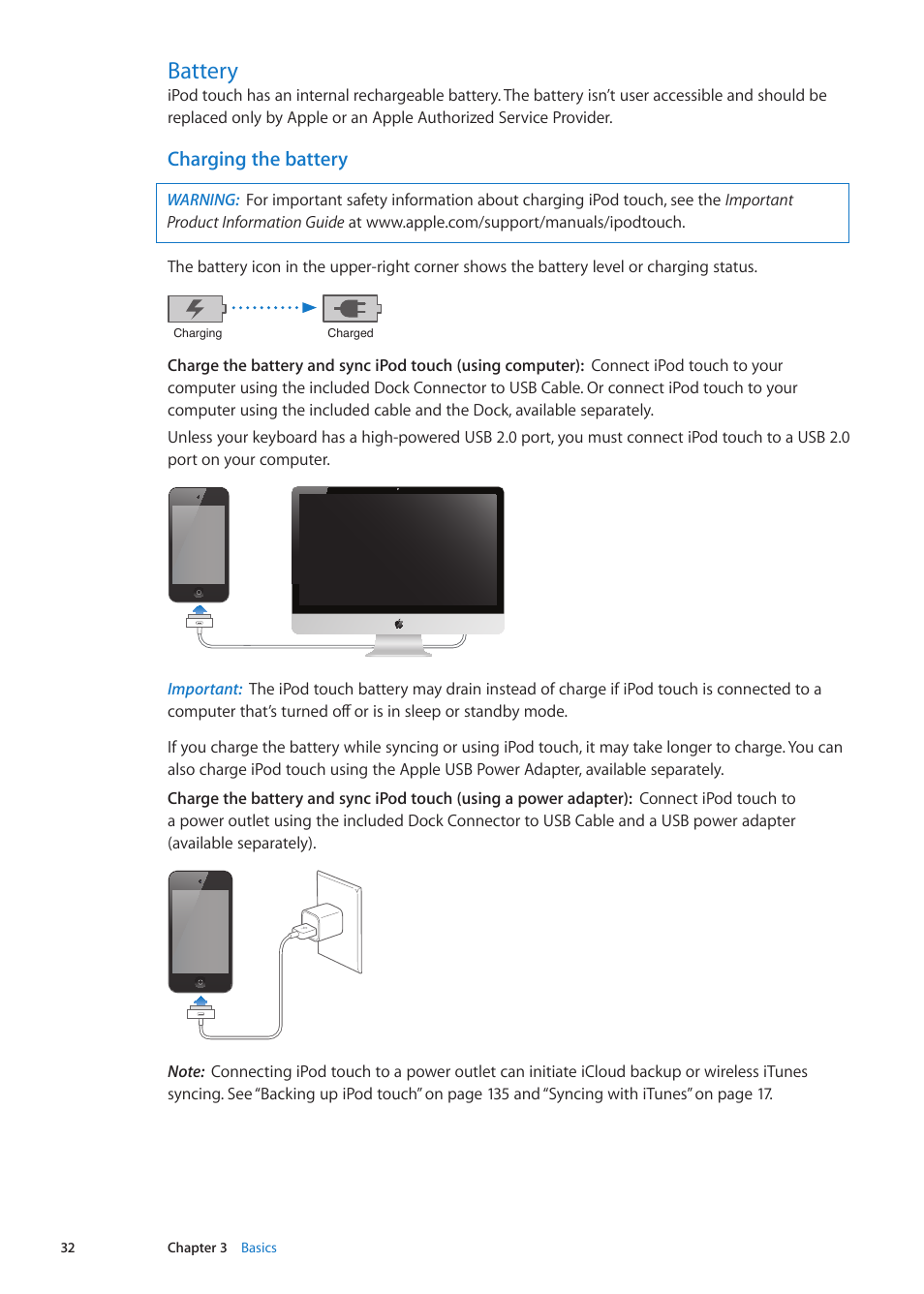 Battery, 32 battery, Charging the battery | Apple iPod touch iOS 5.1 User Manual | Page 32 / 141