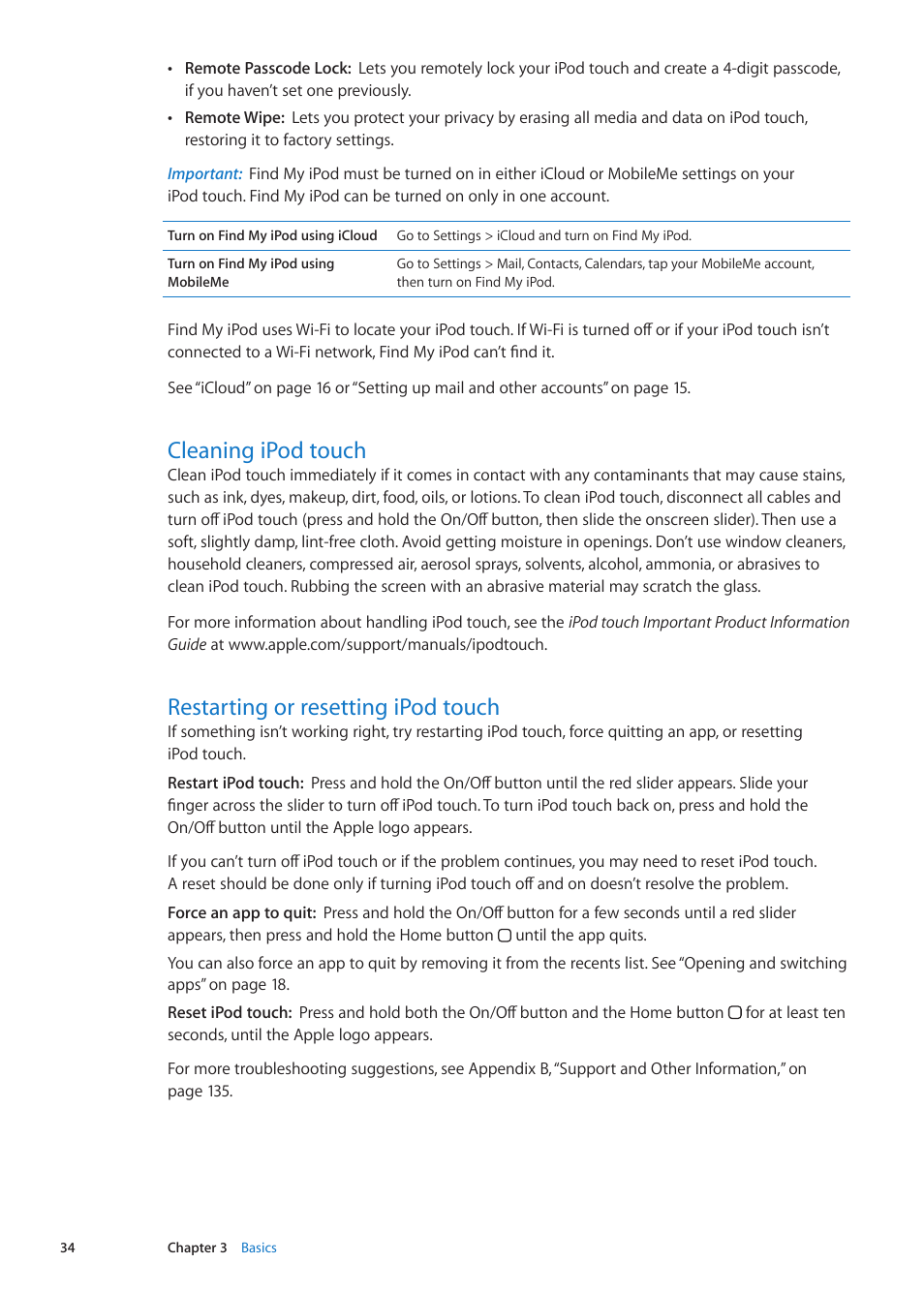 Cleaning ipod touch, Restarting or resetting ipod touch | Apple iPod touch iOS 5.1 User Manual | Page 34 / 141