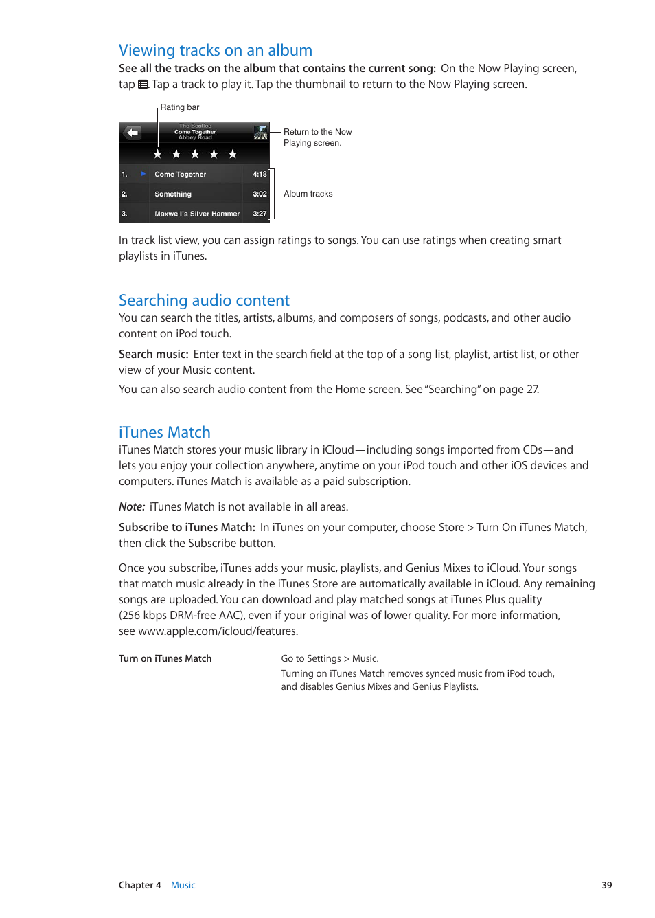 Viewing tracks on an album, Searching audio content, Itunes match | Apple iPod touch iOS 5.1 User Manual | Page 39 / 141