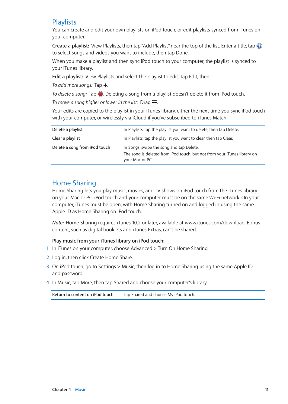 Playlists, Home sharing, 41 playlists 41 home sharing | Apple iPod touch iOS 5.1 User Manual | Page 41 / 141